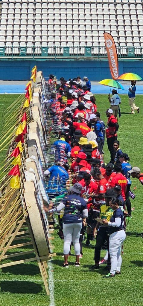 Archers from the 11 registered countries on the first Practice Day at the targets.