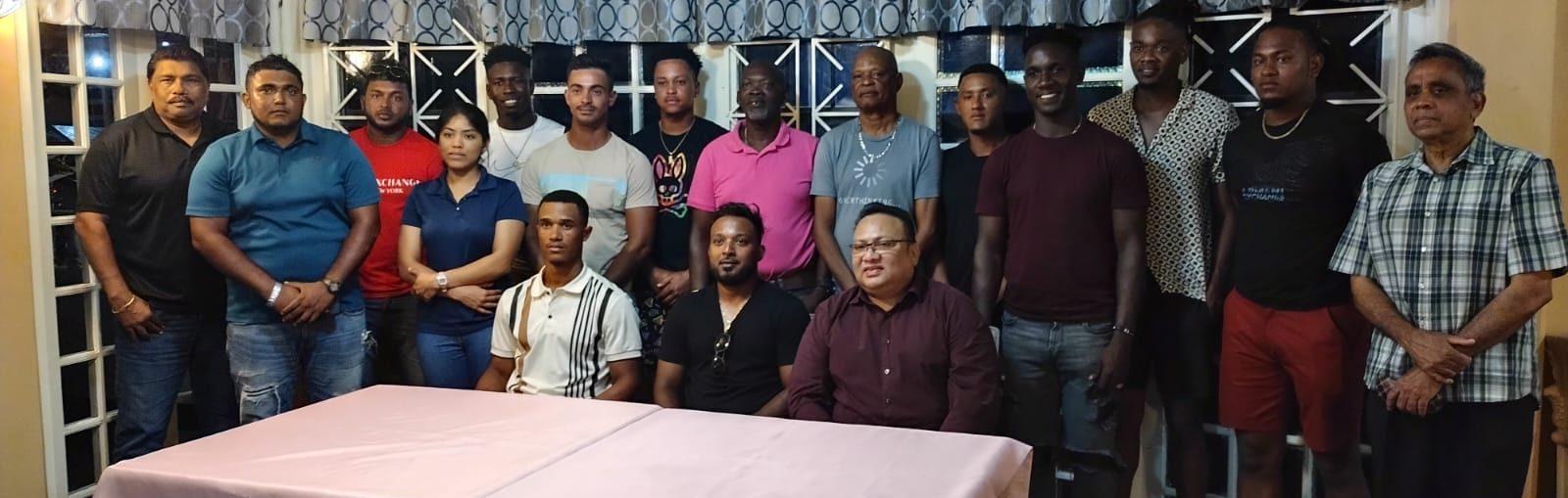 GCB President, Bissoondyal Singh alongside a few of his executives and the 2023 Guyana Harpy Eagles Super50 Squad.