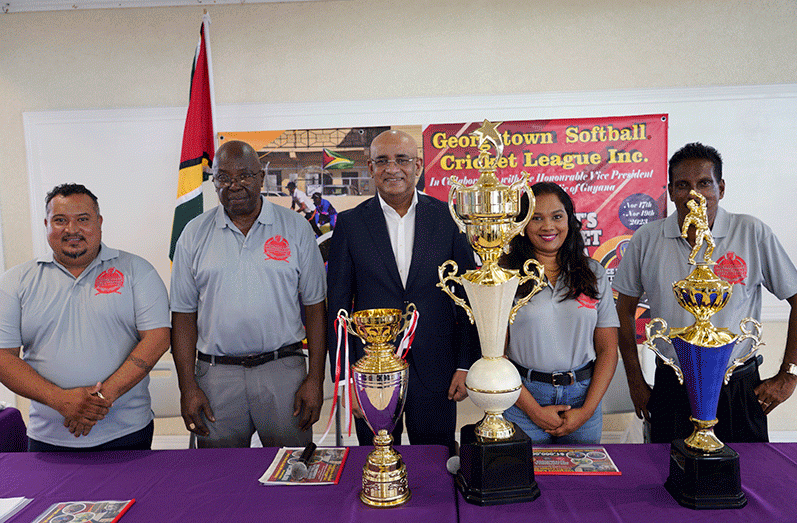 (From left) FL Sports’ John Ramsingh, GSCL president Ian John, Vice-President Bharrat Jagdeo, secretary Telesha Ousman and cricket commentator Indrajeet Persaud during the launch at MYO.