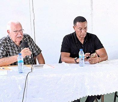 Legendary cricket Broadcaster/journalist Joseph ‘Reds’ Perreira, alongside Chairman of the National Sports Commission Kashif Muhammad, addresses the attendees during the opening day of the Cricket Commentators’ Workshop.