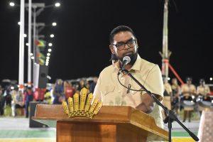 President Dr. Mohamed Irfaan Ali addresses the gathering during the commissioning ceremony