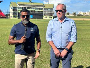 Tulsa Woodham (right), ICC Senior Manager of Operations and Head of Operations for the T20 World Cup, Khushyial Singh during the inspection yesterday.