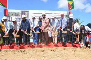 President Irfaan Ali (centre) and other officials turning the sod on Sunday for the construction of the New Amsterdam Hospital