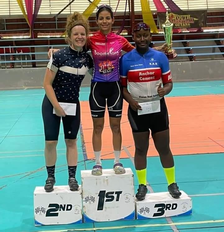 Podium finishers in the Female event, Trinidad and Tobago’s Chyanne Awai (centre), Suriname’s Lossie KesKei (left) and Abigail Jeffrey.