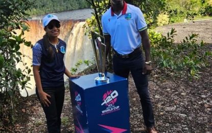 ICC Men’s T20 World Cup trophy lands at majestic Kaieteur Falls