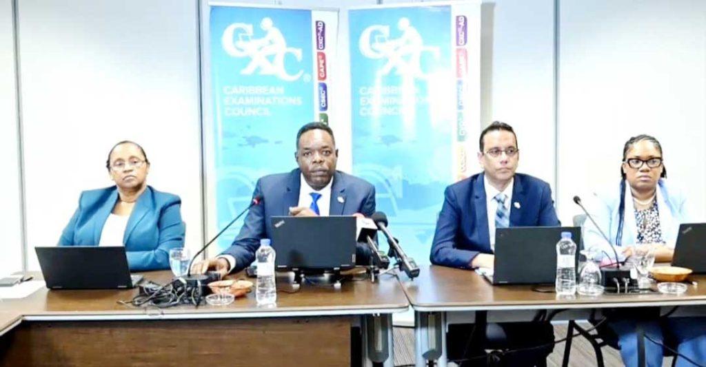 From left, Director of Operations at CXC, Dr. Nicole Manning; CXC’s Registrar & Chief Executive Officer (CEO), Dr. Wayne Wesley; CXC’s Deputy CEO & Pro-Registrar, Dr. Eduardo Ali; and Director of Corporate Services at CXC, Mrs. Sheree Deslandes during the press conference on Tuesday.