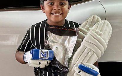 Nine years old is latest recipient of gear from Project “Cricket Gear for young and promising cricketers in Guyana”