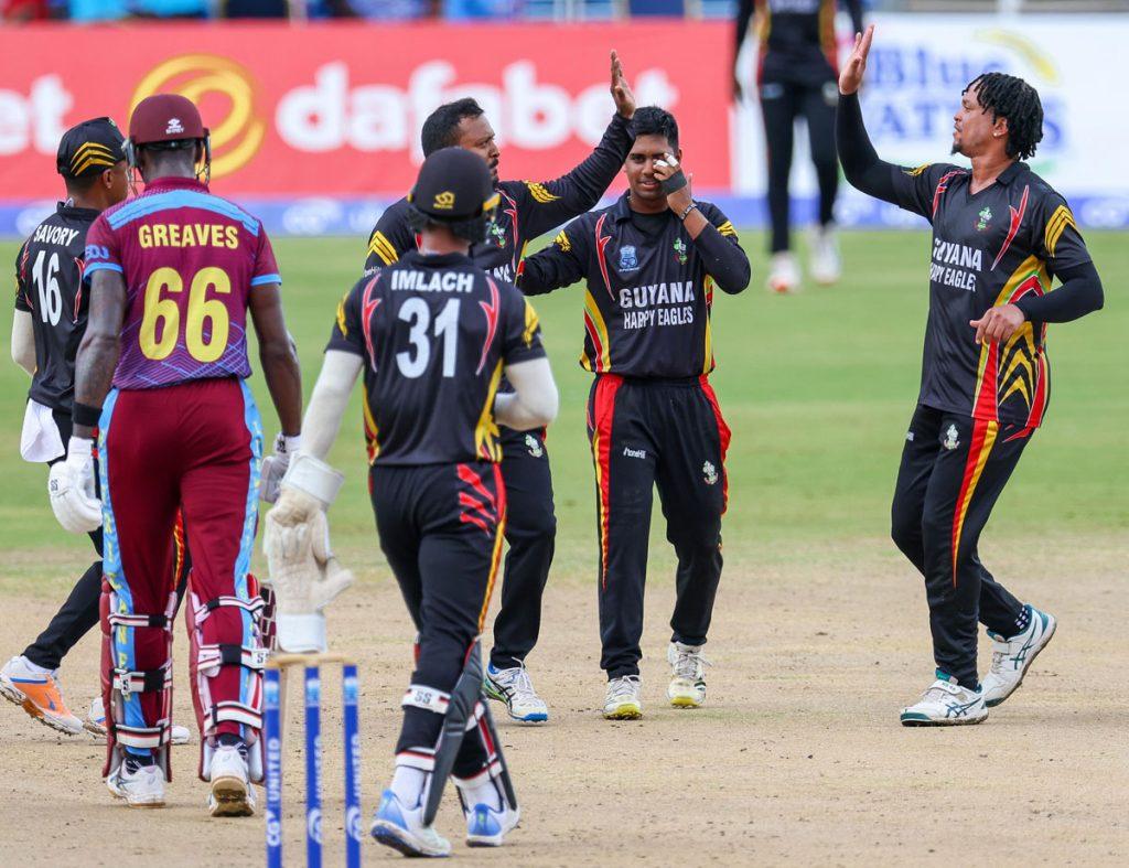 Guyana celebrate a wicket during their match yesterday. (CWI)