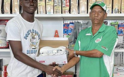 Thaddeus Lovell is the latest to benefit from Project “Cricket Gear for young and promising cricketers in Guyana”