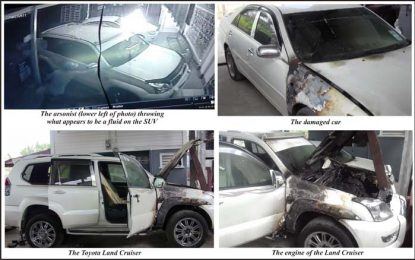 Security cameras record man torching Berbice businessman’s vehicles