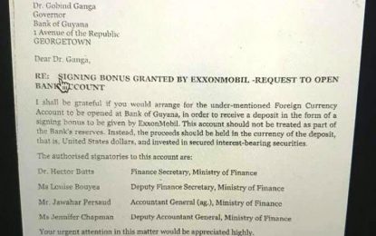 Breaking News…. Leaked Finance Ministry document confirms that Govt. opened account to collect Exxon signing bonus
