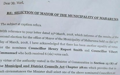 Incumbent Mabaruma mayor chosen by Bulkan after tied elections