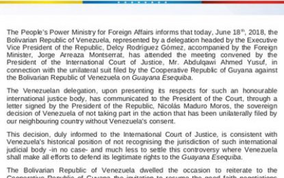Venezuela refuses to participate in border case with Int’l Court