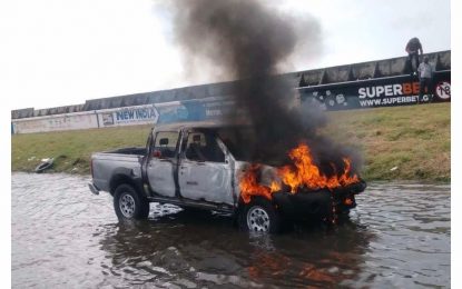 Govt vehicle bursts into flames on E.C.D. public road