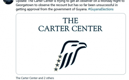 Carter Center not getting Govt. approval to fly to Guyana for recount
