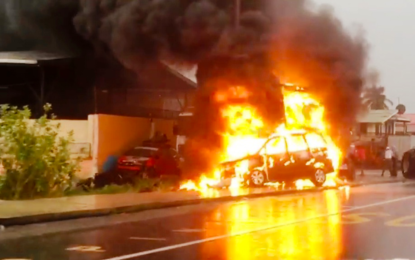 Car, trucks burn after cyclist struck down