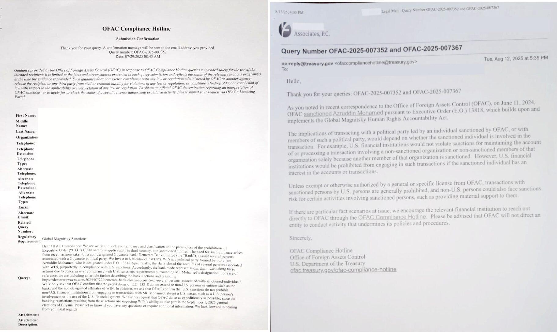 OFAC says in response to queries: U.S. banks would not violate sanctions for maintaining accounts of non-sanctioned members