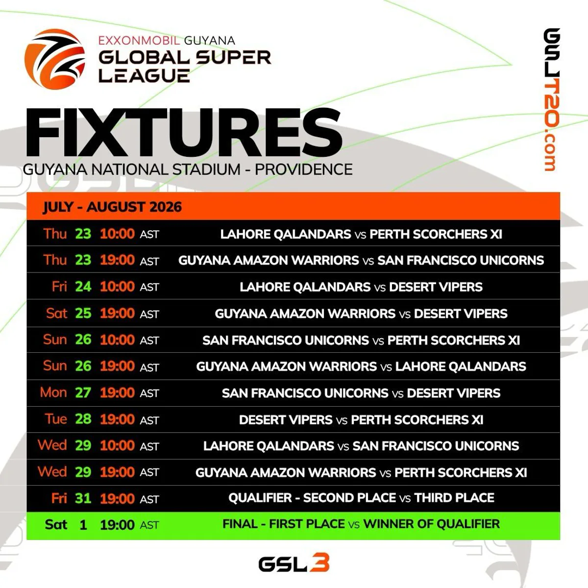 EXXONMOBIL Guyana Global Super League fixtures announced