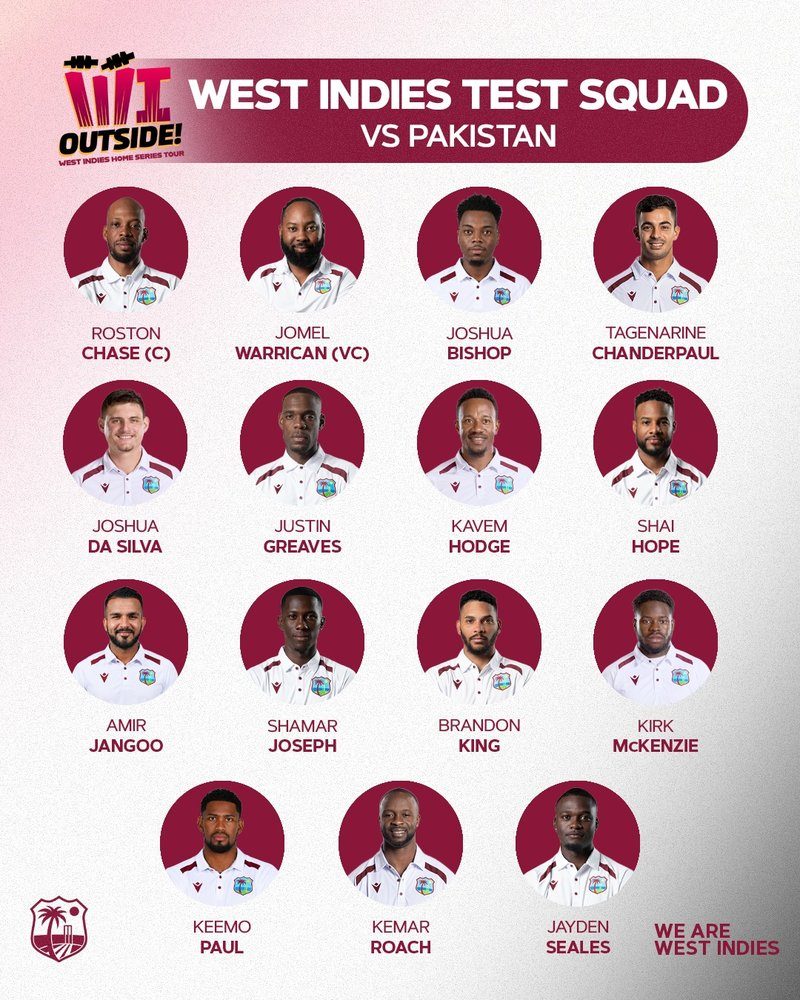 CWI Announces 15-Member Squad for Test Series Against Pakistan