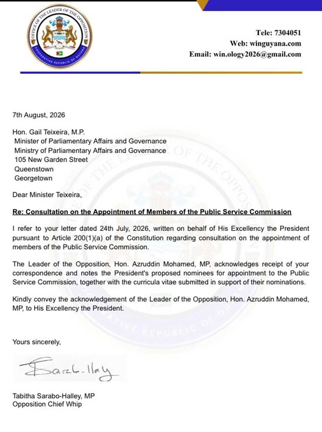 Opposition leader picks nominees for Local Govt. Commission