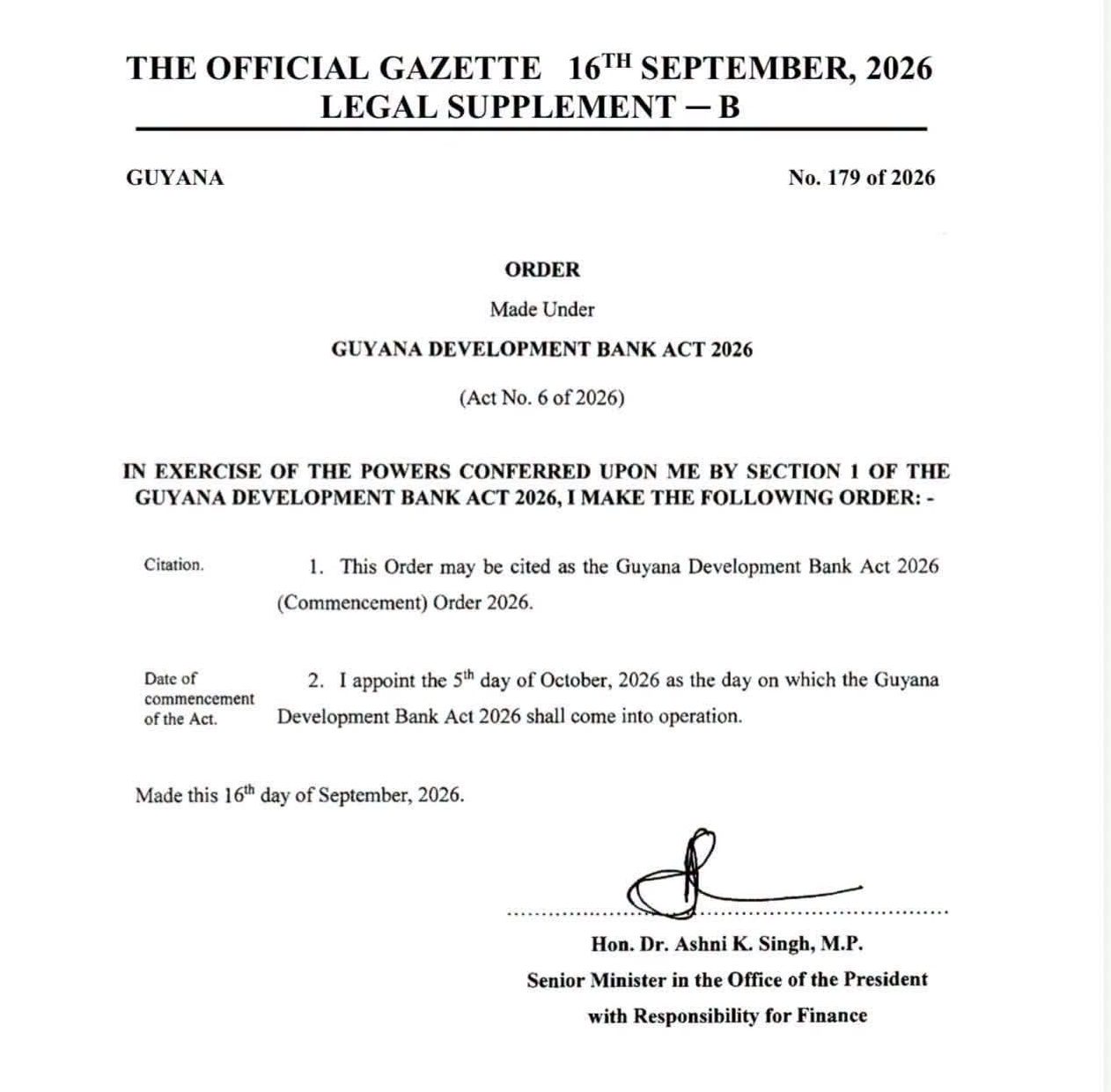Commencement order gazette for development bank